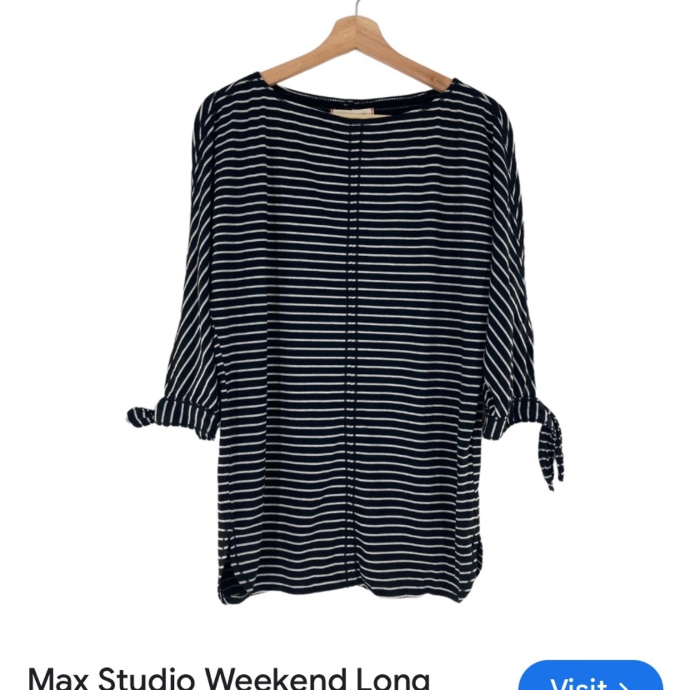 Max Studio Navy and White Striped Top The Weekend tunic L